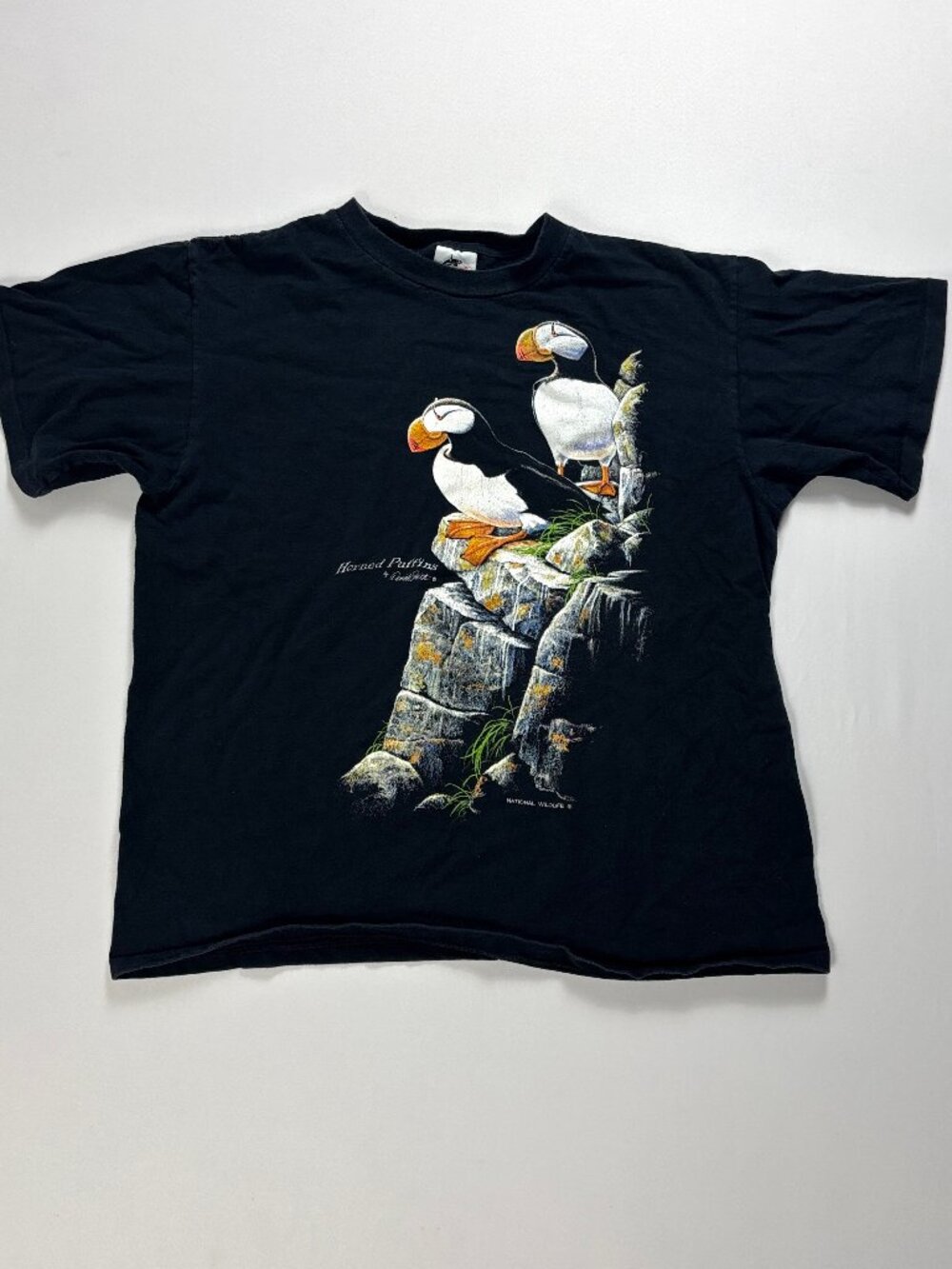 Vintage Horned Puffins T Shirt Black Sz L/XL Daniel Smith National Wildlife USA